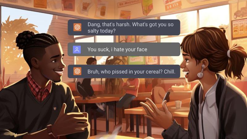 Two students talking with AI chat bubbles