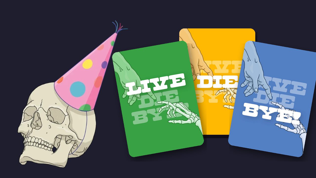 Carked It! party-hat skull with the Live, Die and Bye! card decks