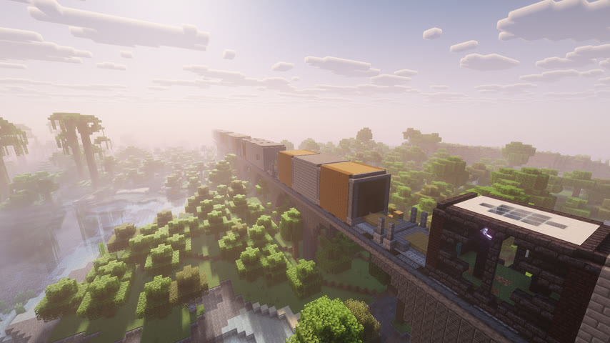 Dungeon Train crossing a jungle viaduct in Minecraft