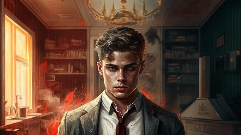 Hot House key art: a man in a suit in a burning hot-house