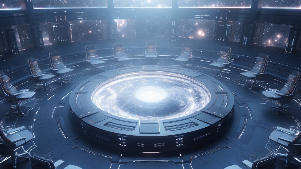 An empty AI courtroom floating in a galaxy