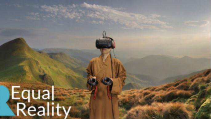 A monk wearing a VR headset in a mountain landscape
