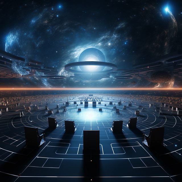 An empty AI courtroom in outer space