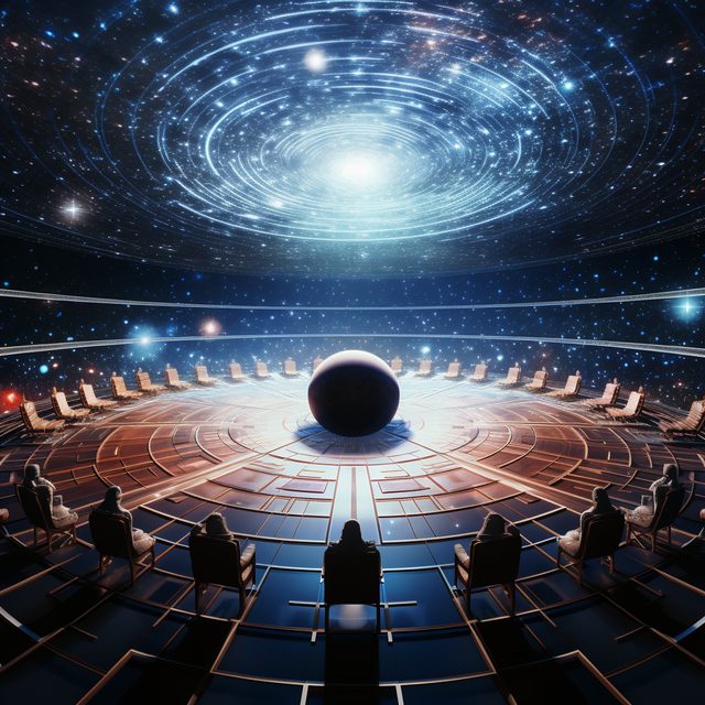 An AI courtroom ringed by a galaxy